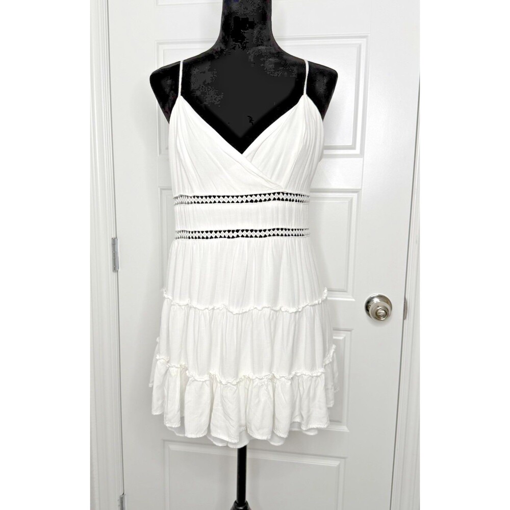 Trixxi Women’s Dress XL White Spaghetti Strap Tiered Mini Lined Summer Boho Fest